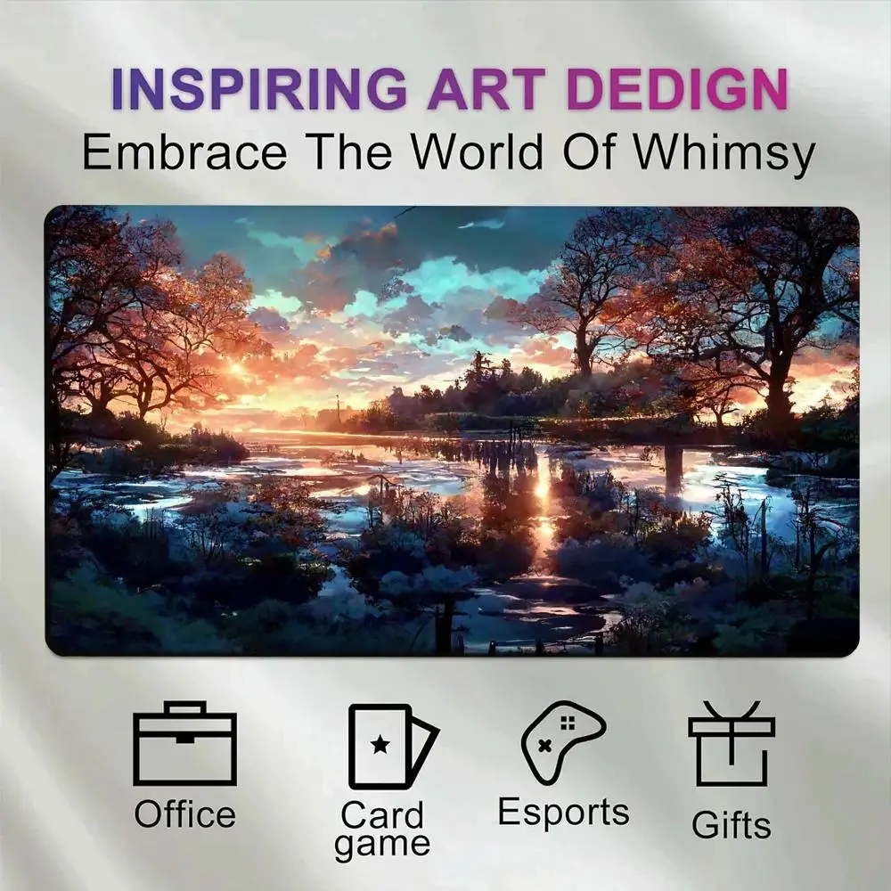 Dreamy Anime Landscape Twilight Glowing Sunset Over Swamp Forest Calm Lake With Tree And Sky Reflection Colorful pc accessories
