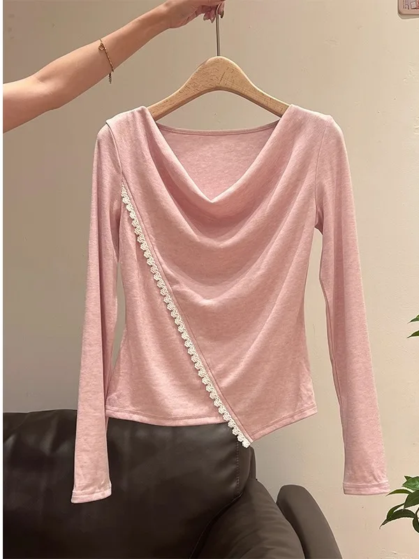 تي شيرت نسائي طويل الأكمام من Sweet Ele، قميص أساسي وردي جميل يُبرز الرشاقة، مناسب للعمل، نسخة كورية أنيقة وملائمة للجسم وقابلة للتنفس