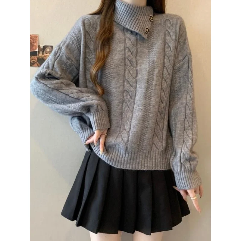 

Женский вязаный свитер с высоким воротником, свободный крой, однотонный повседневный зимний топ с длинными рукавами и пуговицами