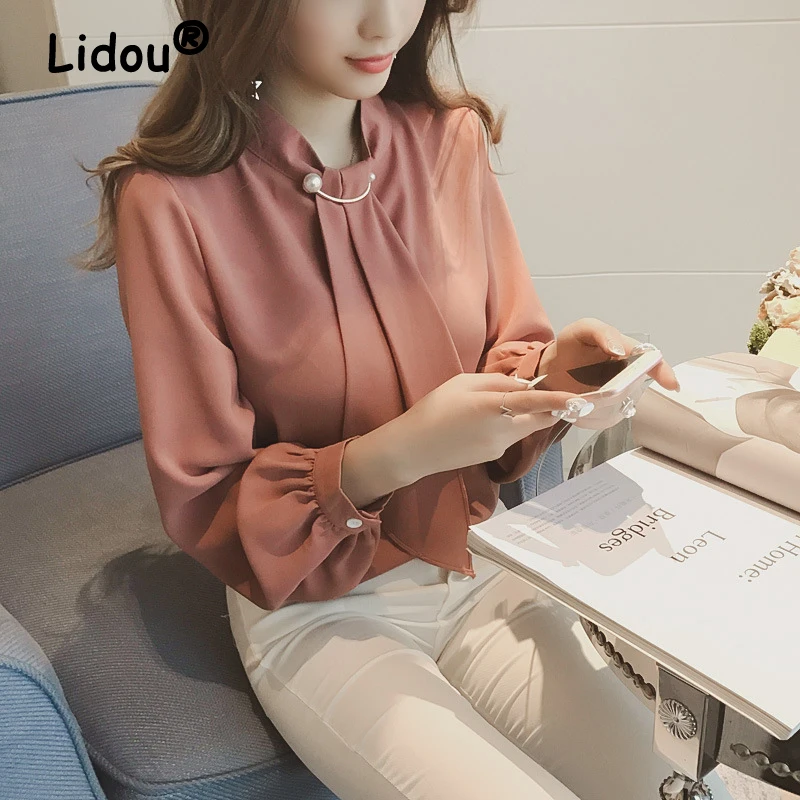 Blusa de manga larga para mujer, Top elegante con broche y pajarita, color liso, moda coreana, primavera y otoño