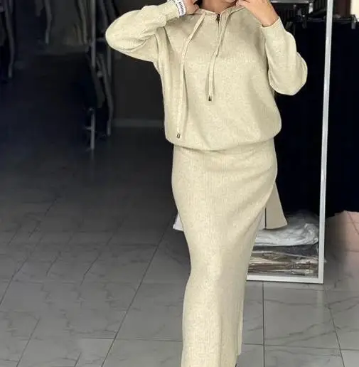 

Autumn Fashion Casual Hoodie Knitted Sweater and High Waist Straight Tube Wool Skirt Set for Women's Casual 2-Piece Set