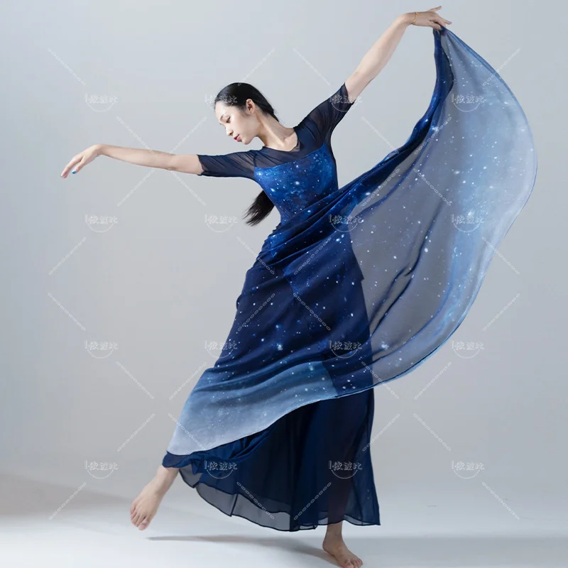 Modern Dance Long Dress Set Water Gauze Skirt Luxury Oriental Dance Stage Performance Costume Vestuario Baile Moderno Adulto