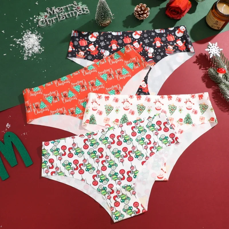 3Pcs Christmas Print Underwear Breathable Briefs Women Skin-friendly Fashionable Casual Christmas Gifts XS-XL