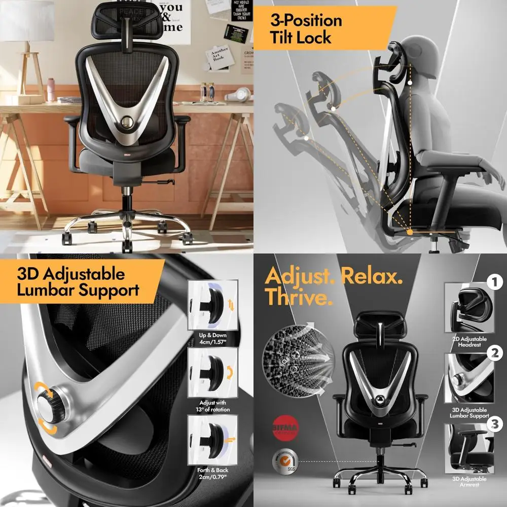 كرسي شبكي مريح قابل للتعديل مع دعم قطني ومساند للذراعين ثلاثية الأبعاد للاستخدام المريح في المكتب والمنزل #1