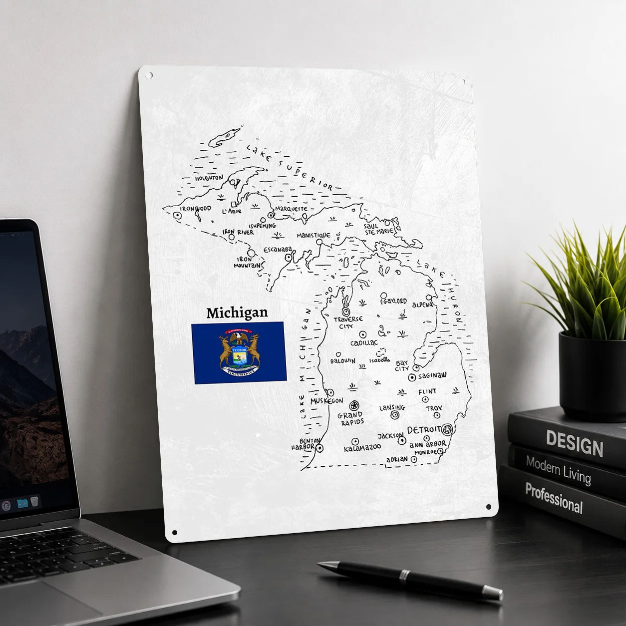 Hand Drawn Map of Michigan 3D Texture Printed Poster Custom Vintage Metal Tin Plate Sign for Wall Art Bathroom Decor Room House