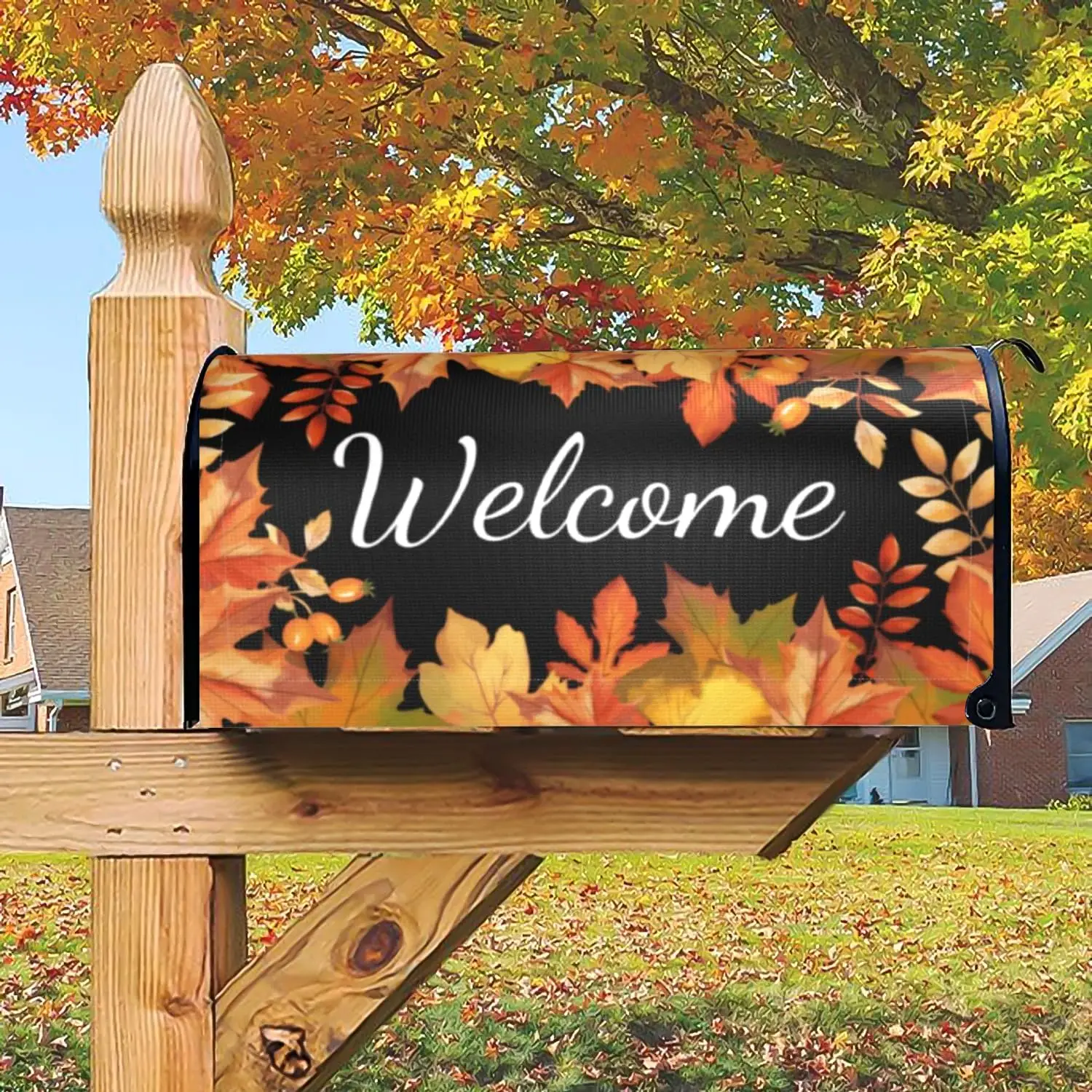 Autumn Fall Mailbox Cover Magnetic Welcome Maple Leaf Mailbox Wraps Post Letter Box Cover for Garden Yard Home Decor Standard Si