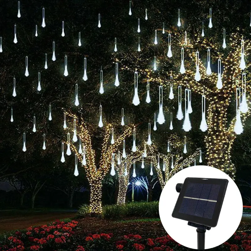 Guirnalda de luces LED de hadas para decoración de árbol de Navidad, guirnalda de vacaciones, lluvia de meteoros, Solar, para exteriores, 8 tubos, 30/50cm