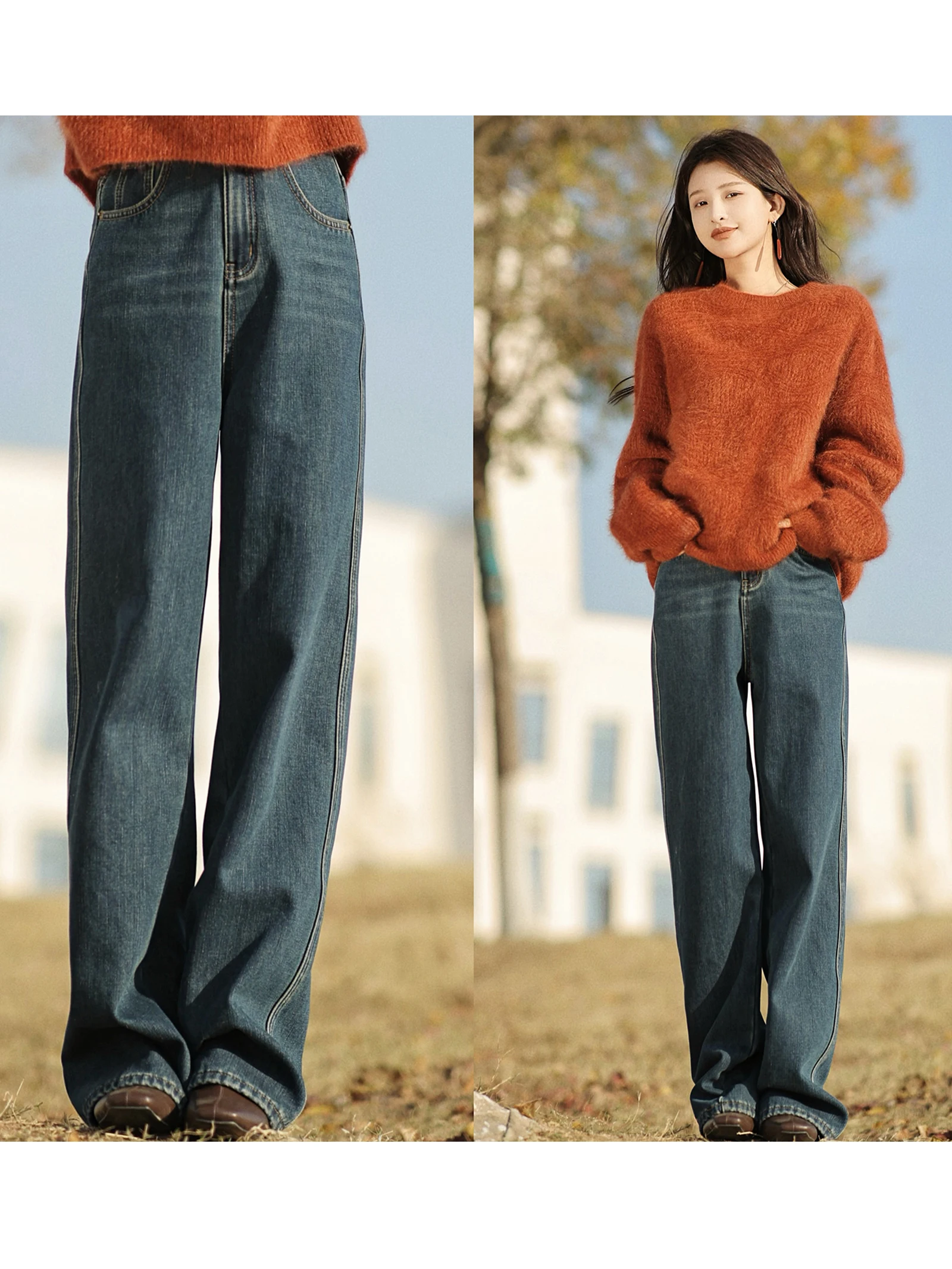 

Джинсы с высокой талией, прямые, на флисовой подкладке, ветрозащитные, широкие брюки, новые, зима 2023, утепленные, длинные штаны