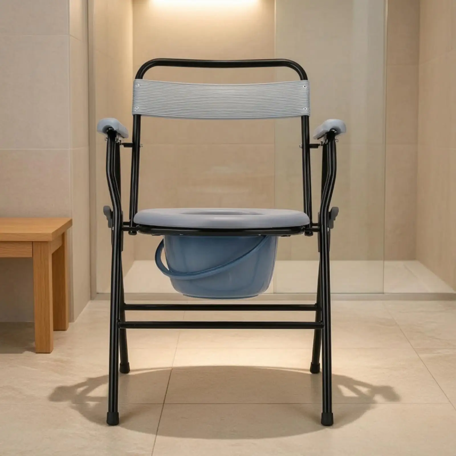 Folding Commode Seat Aluminum Alloy Elderly Shower Chair for Bathroom Bedside Toilet with Removable Pan