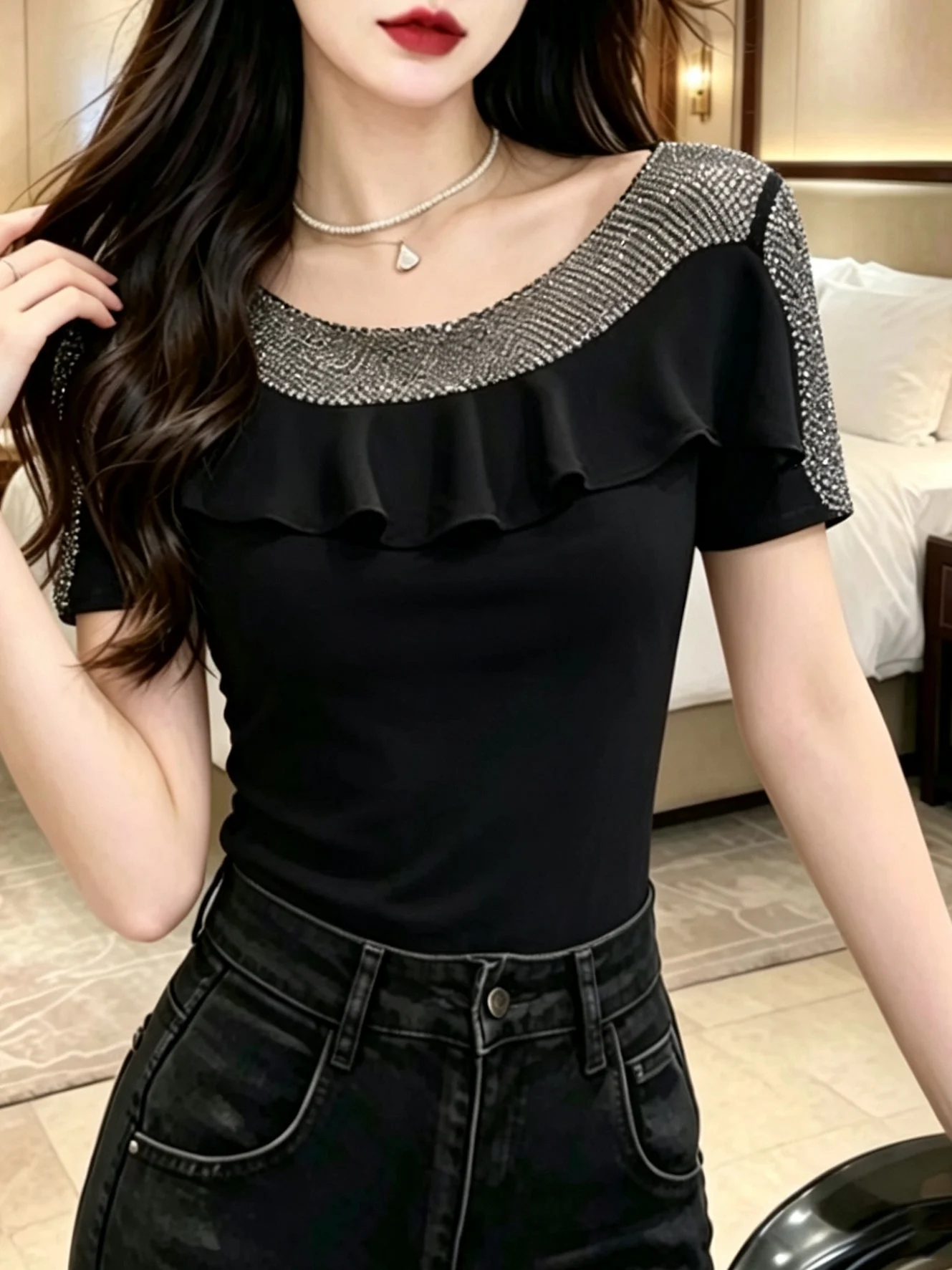 Summer Women's Slim Fit T-Shirt Rhinestone Short Sleeve French Style Bell  Design Breathable Skin-Friendly round Neck Top