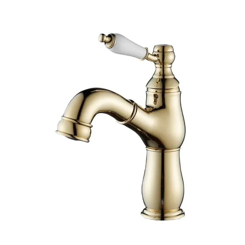 

French pull-out faucet Undercounter basin faucet All copper wash basin Hotel bathroom cabinet Ceramic handle Hot and cold faucet