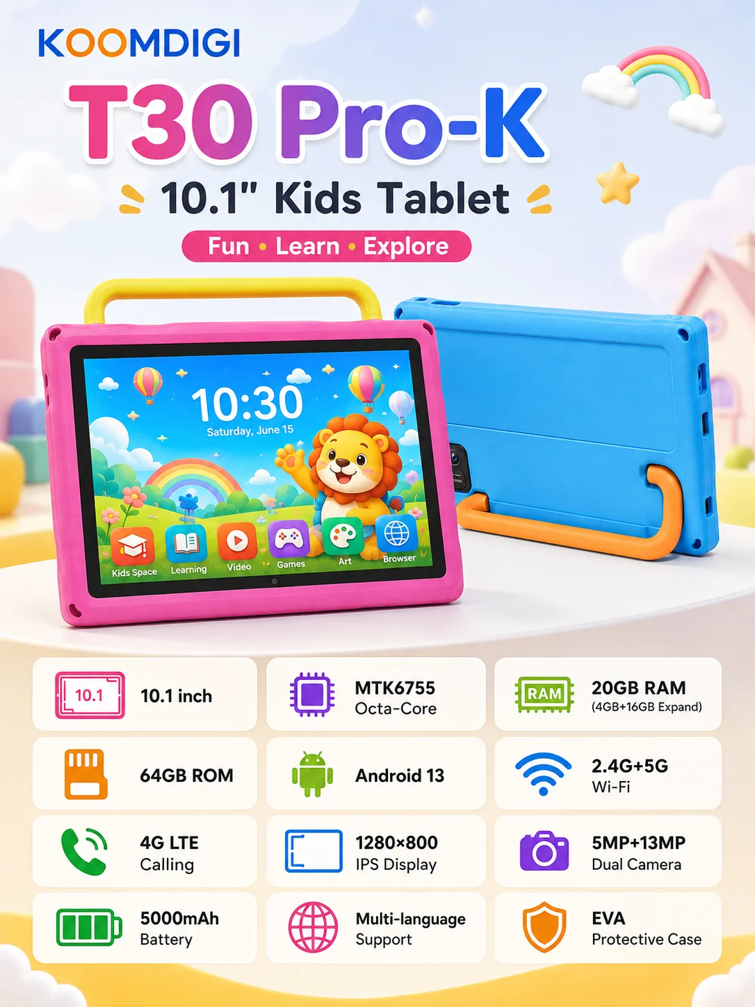 Koomdigi T30 Pro-K 10,1" Android 13 Tablet, 20 GB RAM (4 GB + 16 GB erweitert), 64 GB ROM, 4G LTE Anrufe, Dual-Band WLAN, 1280×800 IPS Display, MTK Octa-Core, 5000 mAh Akku, Dual-Kamera, EVA-Hülle