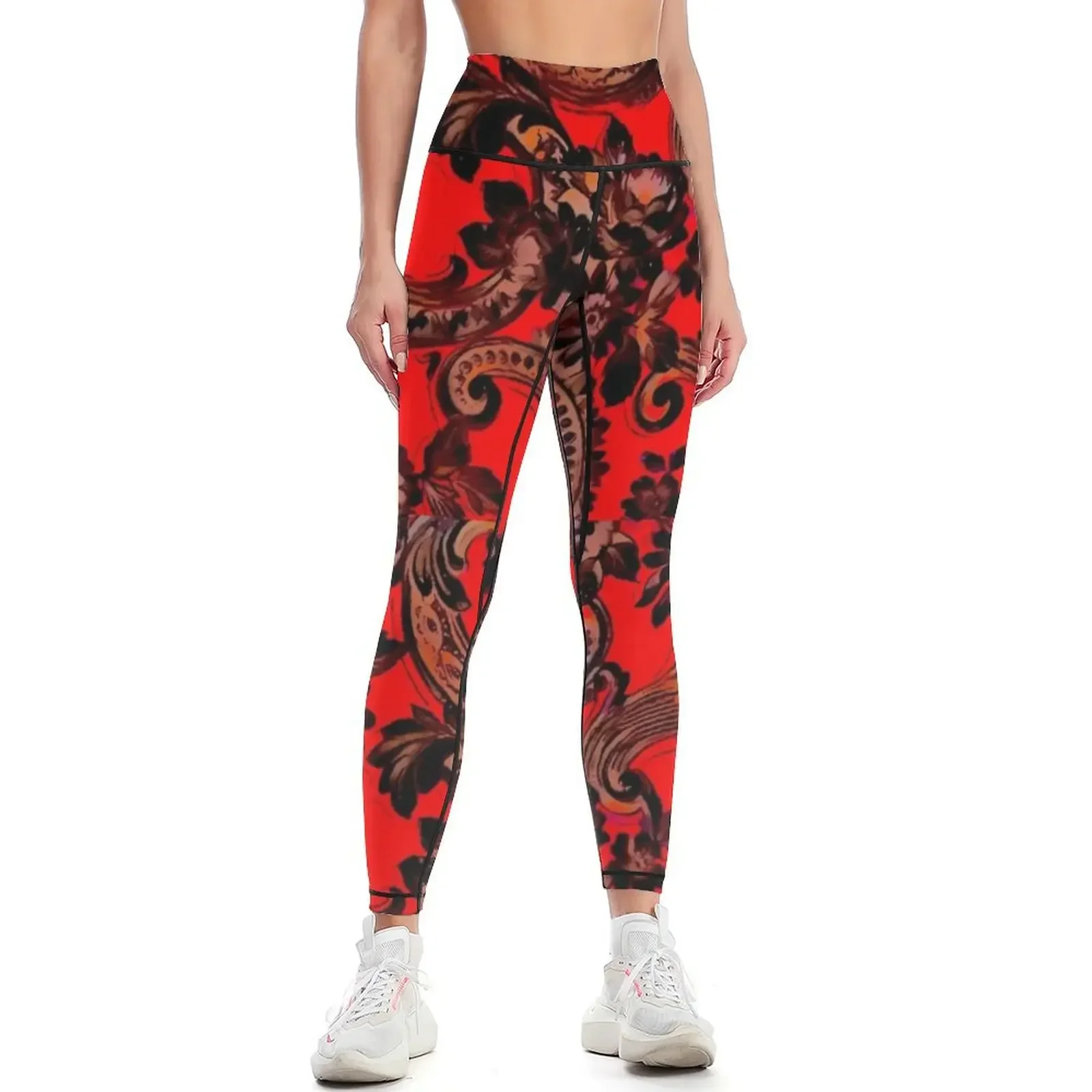 Black flower pattern on a red background Leggings gym clothing Training pants Clothing fitness Fitness woman Womens Leggings