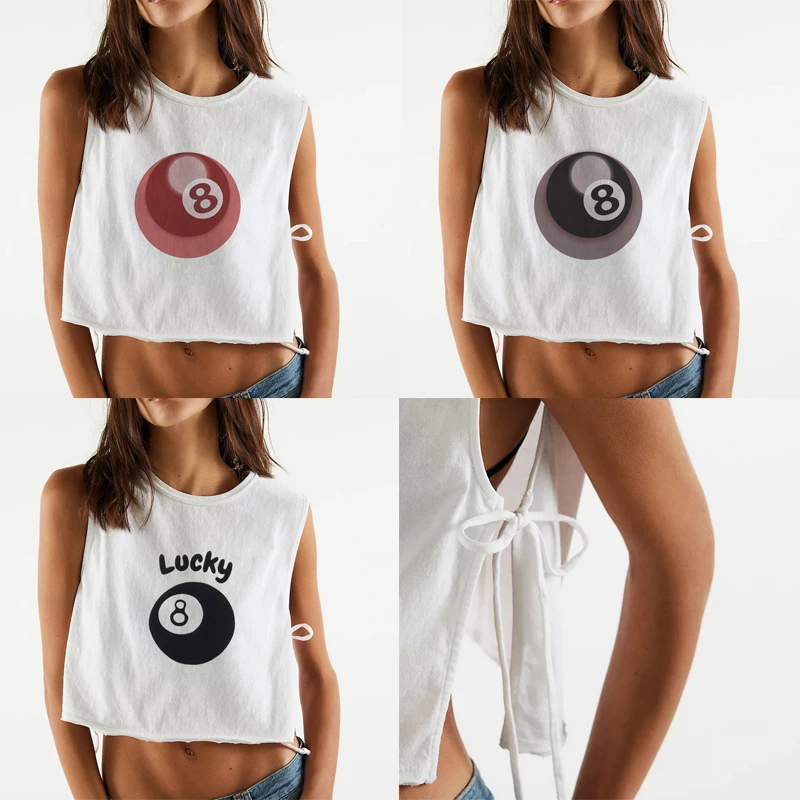

2025 Summer Women's Loose Sleeveless Shirt Billiards Printed Cut Vest White Casual Chic Home Clothes Fashion Bare Navel Hollow
