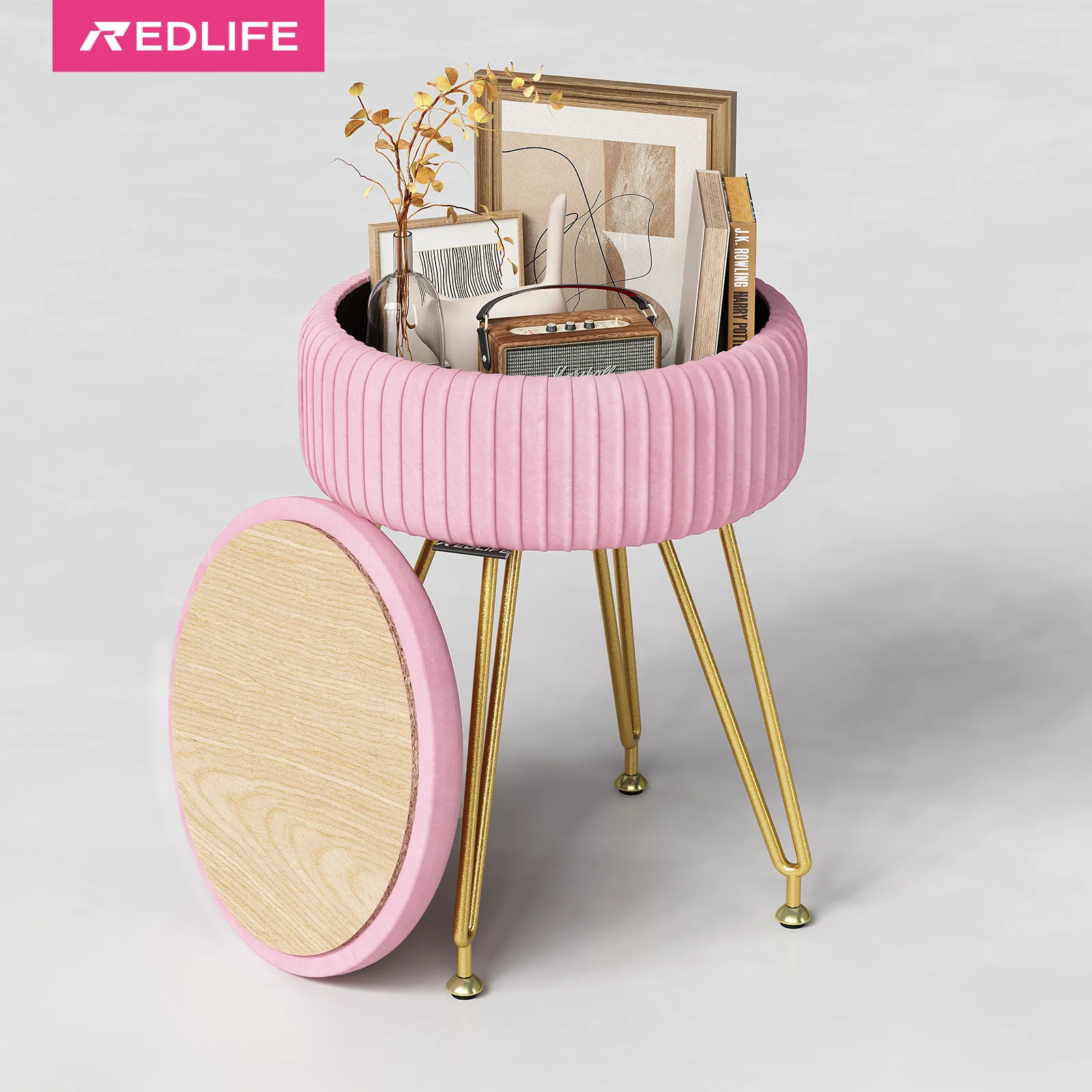 

Redlife Velvet Vanity Stool Chair with Storage Multifunctional Makeup Chair Footrest with Anti-Slip Feet for Living Room Bedroom