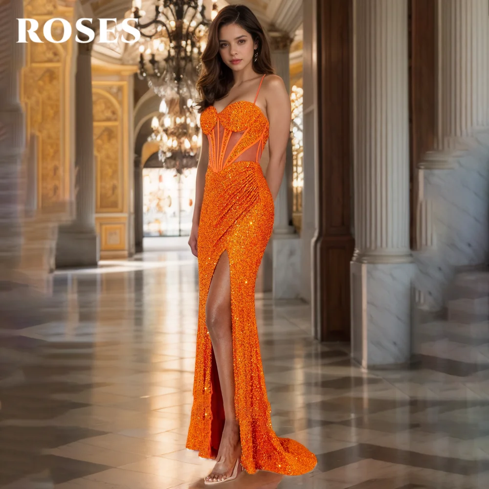 

ROSES Orange Color Sexy Prom Dress Strapless Backless Hollow Evening Gown with Fishbone Shiny Sequins Evening Dresses Customized