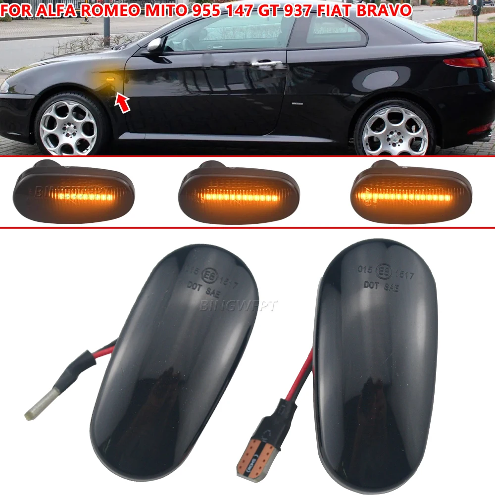 2Pcs For Alfa Romeo Mito 955 147 GT 937 Fiat Bravo Mk2 Dynamic LED Side Marker Lights Arrow Turn Signal Flashing Blinker Lamps