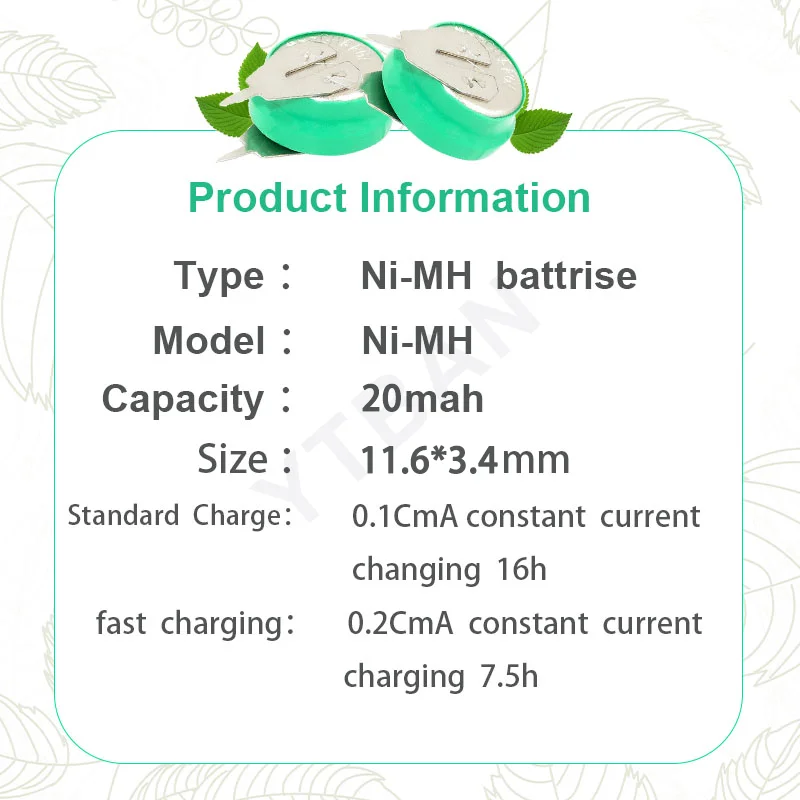 กระดุมแบตเตอรี่แบบชาร์จไฟได้ Ni-MH 2-20ชิ้น1.2V 20mAh เซลล์เหรียญพร้อมหมุดเชื่อมสำหรับจับเวลาของเล่นพลังงานแสงอาทิตย์