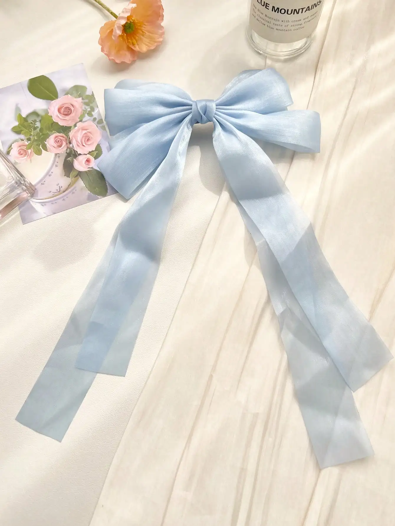 1 Stück blauer Satin, extra langes Band, Haarschleife, Haarschmuck für Frauen und Mädchen, Seiden-Haarspangen, Haarspange für dickes, dünnes Haar – Detail 4