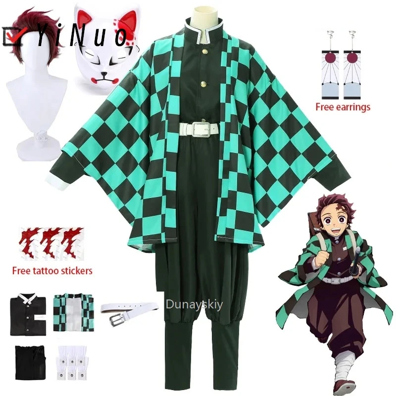 Anime Tanjirou Kamado Cosplay Kimetsu No Yaiba Cosplay Costume Uniform Haori Kimono Tanjirou Kamado Wig Mask Halloween Adult Kid