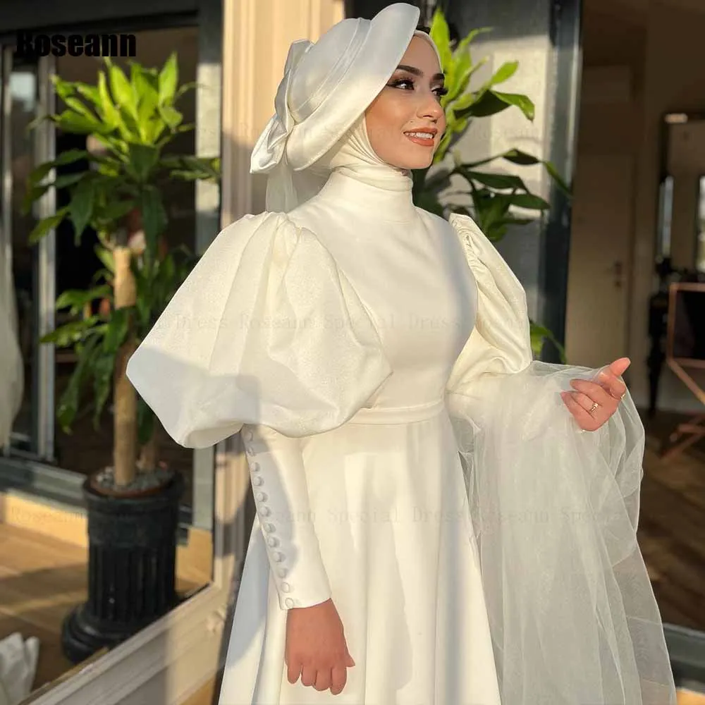 Muslim 2024 New High Collar A-line Wedding Dresses Satin Button Puff Sleeve Draped Pleat Floor Length Bride Dress robe de mariée