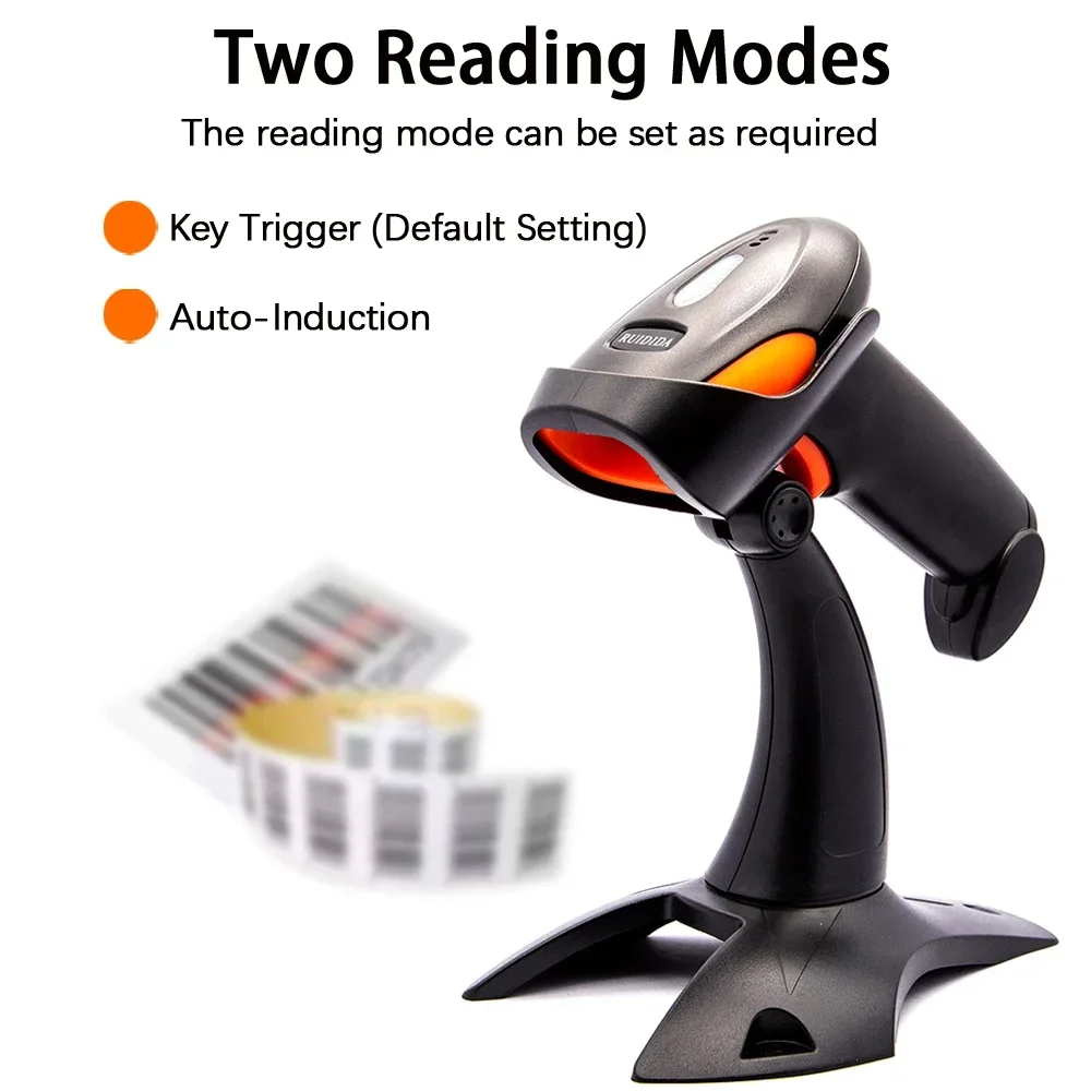 1D 2D Handhel Barcode Scanner with Holder QR Code Reader PDF417 Bluetooth 2.4G Wireless or Wired Bar Code Scanner with Stand