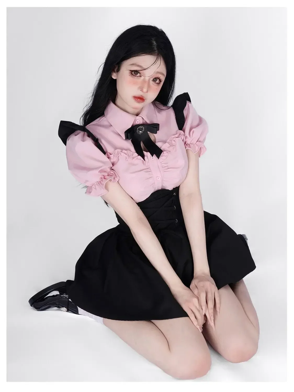 Korean Style College JK Girl Doll Collar Bow Shirt High Waist Lace-up Ruffled Sweet Lolita Strap Skirt Y2K Princess Mini Skirts