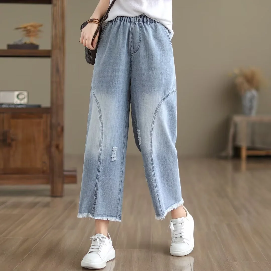 Women Summer Elastic High Waist Straight Wide Leg Denim Pants Japan Fashion Light Blue Ripped Jeans Ninth Trousers