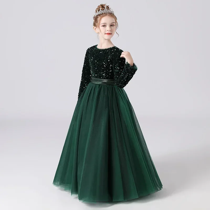 Girl's Concert Solo Dress Children's Piano Performance Dress Dark Green Middle School Host Dress