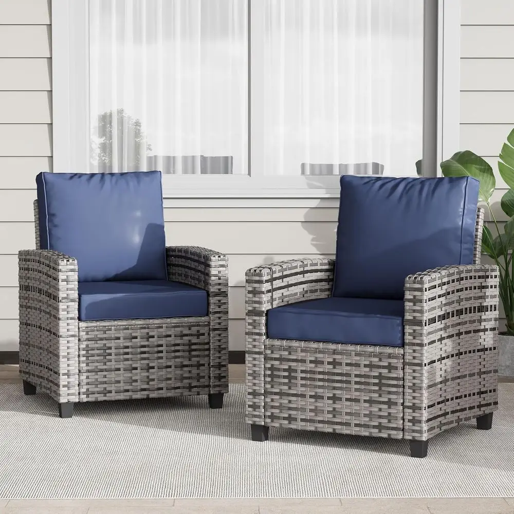 

2-Piece Outdoor Wicker Chair Set with Cushions, Weather-Resistant High Back Rattan Club Chairs for Porch, Balcony, or Deck, Blue