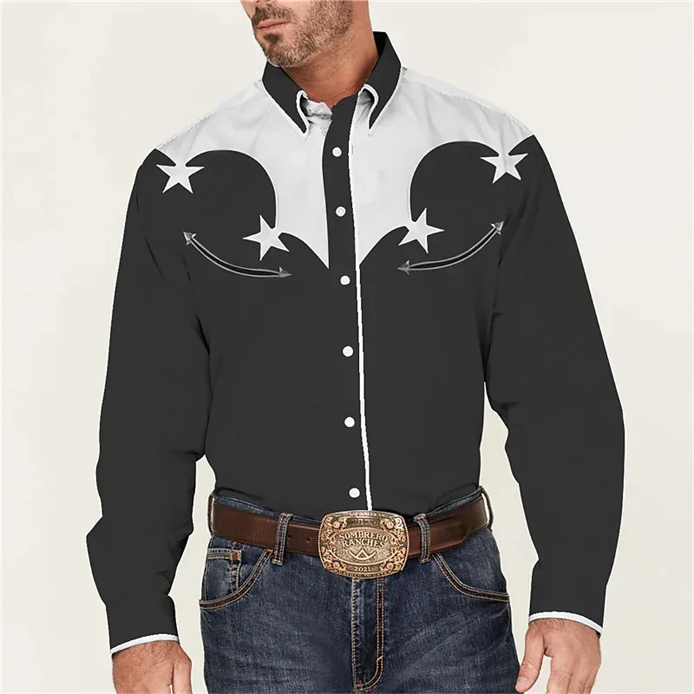 2025 Men's Long Sleeve Lapel Button Dark Natural 3D Printed Shirt Retro Black Outdoor Street Shirt Fashion Business Clothing