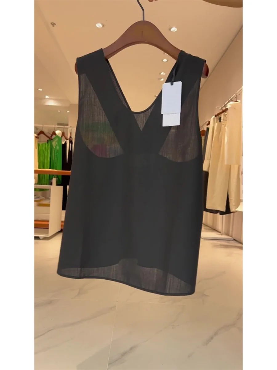 

Gagarich Summer New Korean V-neck Vest Women Clothing Micro Transparent Chic Slimming Cover French Sleeveless Top T-shirt