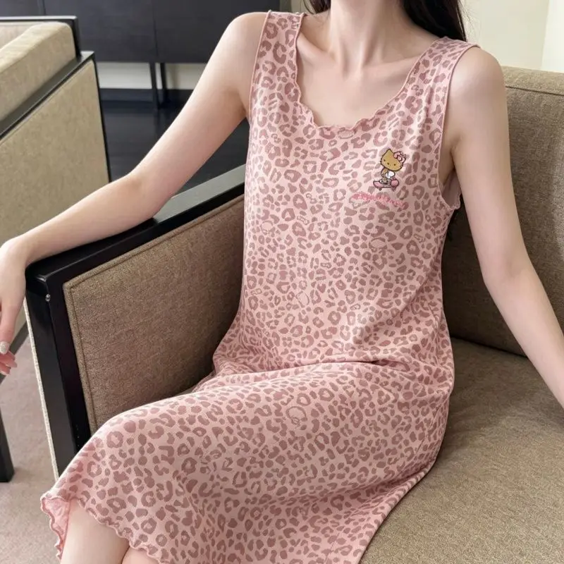 Sanrio Hello Kitty Sexy Pajamas Dress Leopard Print Sleeping Skirt Summer Sleep Dress Halter Long Dresses Sleepwear Homewear New