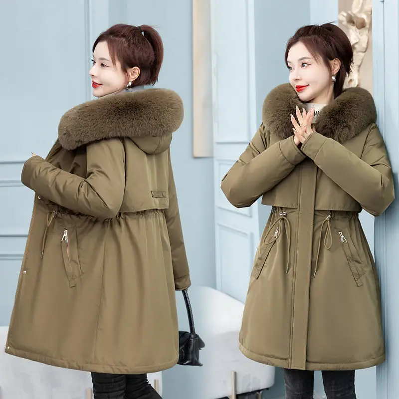 Women 2023 Wool Collar Cotton Coat Pai Overcomes Mid Length Cotton Coat Korean Version Slim Fit and Slim Thick Coat