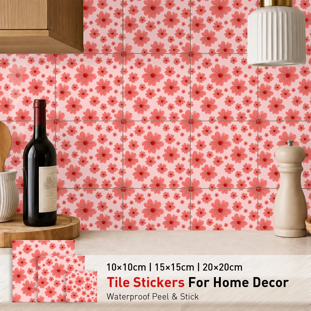 Pink Sakura Tile Stickers Waterproof Peel and Stick Self Adhesive Oil Proof Backsplash Decals Wallpaper for Japanese Decor