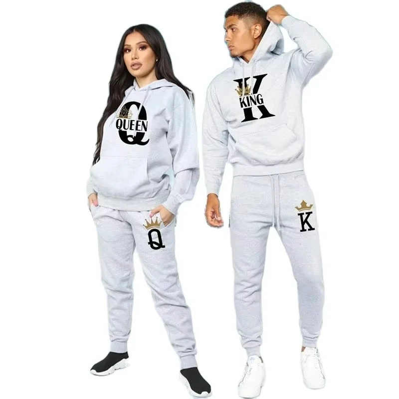 2026New Autumn and Winter Men's and Women's Sweater Set KING QUEEN Loose Relaxed Hooded Print Couple Set