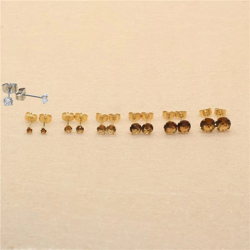 

25 New Arrived Stainless Steel Stud Earrings With Coffee Brown Tea Color AAA Zircons Glass Classical Style No Fade Allergy Free