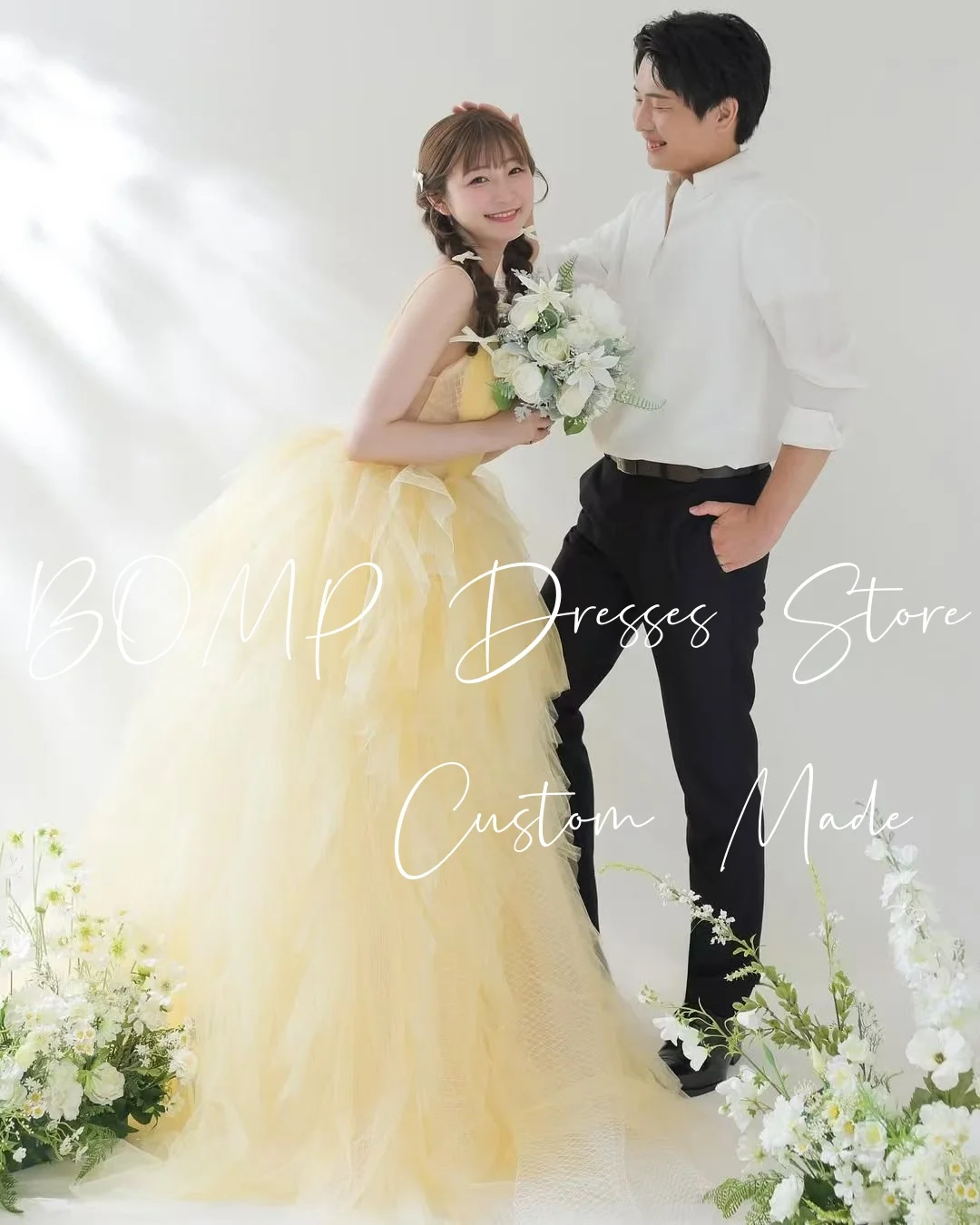 BOMP Elegant Yellow Wedding Dress V-Neck Spaghetti Strap Multi-layered Tulle Korea Photo Shoot Bridal Reception Gown Customized