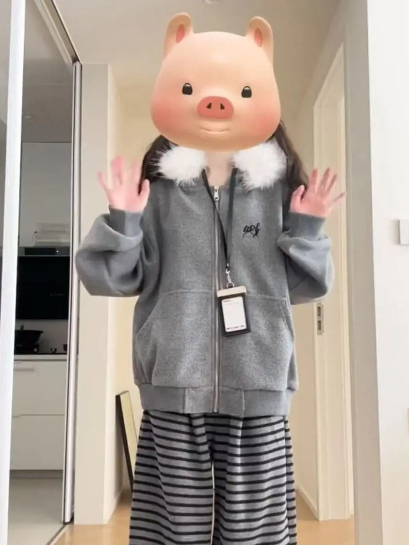 

Ay Jaet с капюшоном на подкладке, женские осенне-зимние свободные корейские широкие брюки в ленивую полоску, комплект из двух предметов