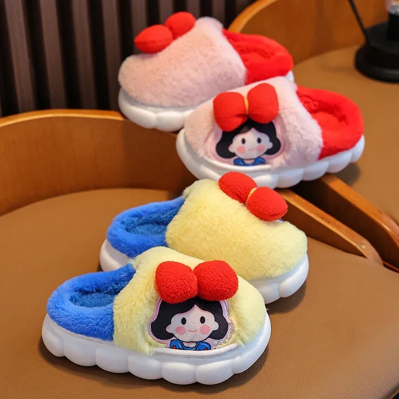 Children Winter Girls Plush Slippers Kids Indoor Mule Soft Sole Non-Slip Warm Flip Flops Cute Cartoon Princess Home Cotton Shoes