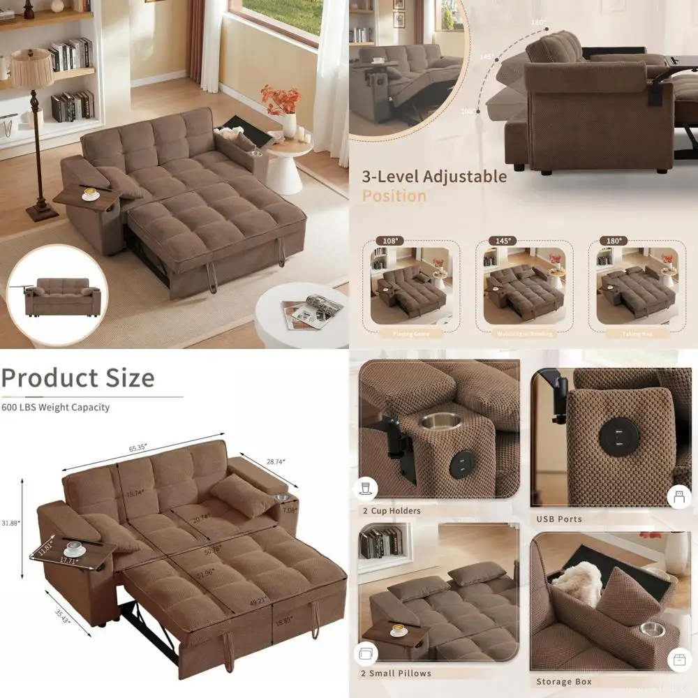 Диван-кровать-трансформер 65 с регулируемой спинкой, шезлонг, приставной столик, портами USB/Type-C — стильное функциональное пространство