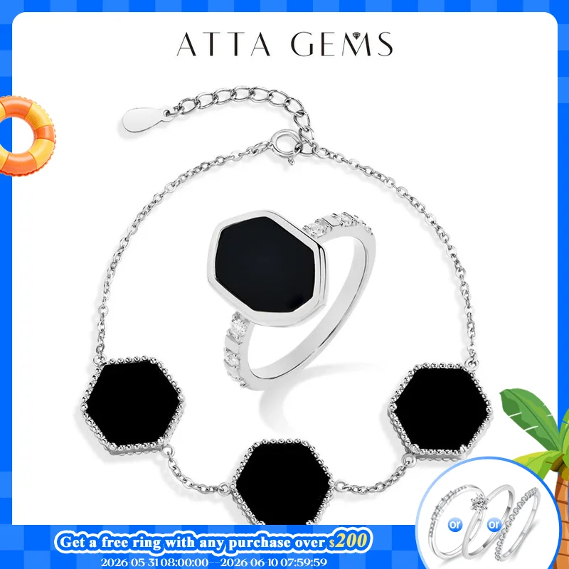 

ATTAGEMS Black Agat Jewelry Set for Women Men Lab Gemstone Bracelet Moissanite Rings S925 Sterling Silver Wedding Party Gift New