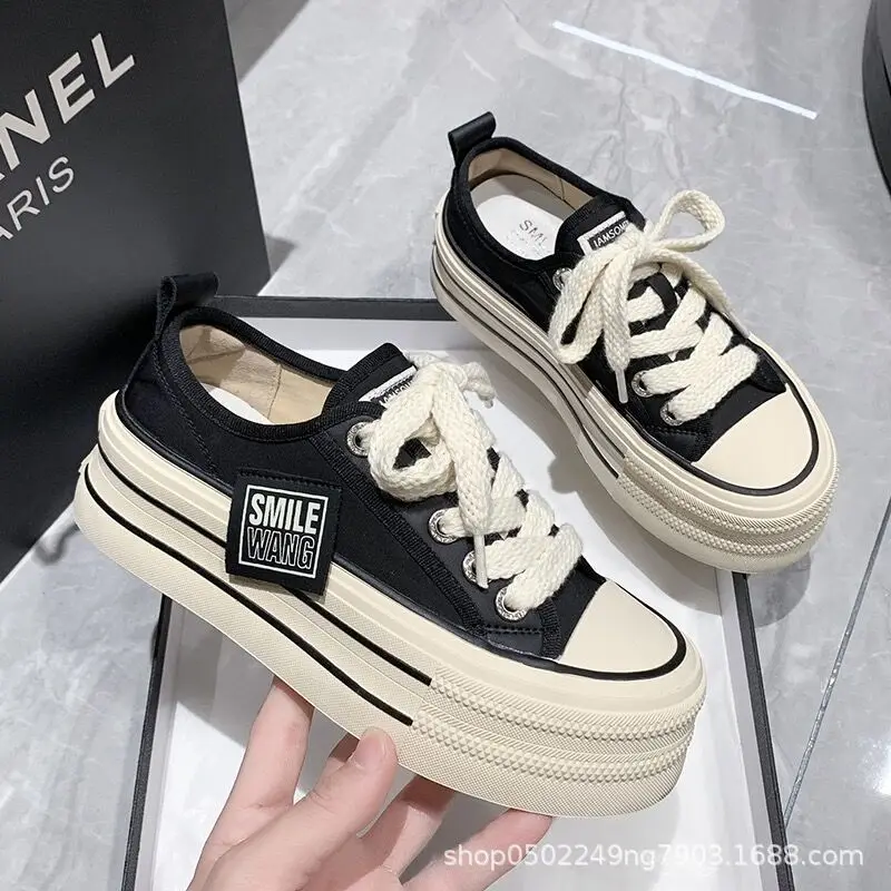 New Women Black White Platform Canvas Shoes Sneakers Lace Up Comfortable Shoes Fashion Outdoor Versatile Sport Vulcanize Shoes