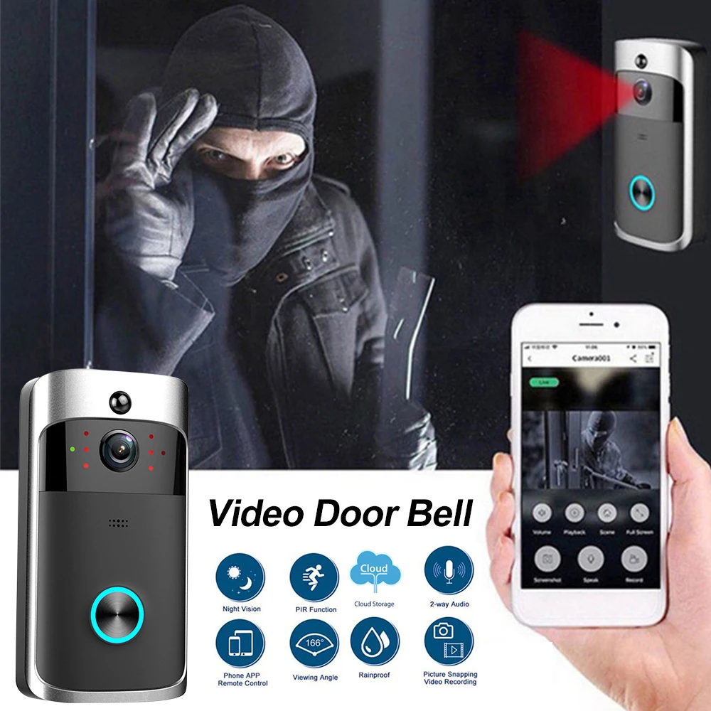 V5 Wifi Wireless Smart Doorbell Night Vision 720P Voice Video Intercom Doorbell PIR Motion Detection Security Door Phone Camera