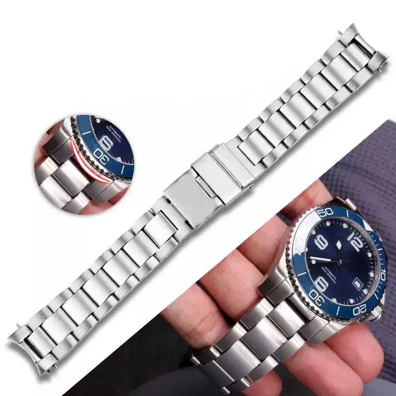

21mm Solid fine steel arc mouth watch band For Longines kangkas steel strap L3.642.4 L3.781.4 series men's wristband bracelet