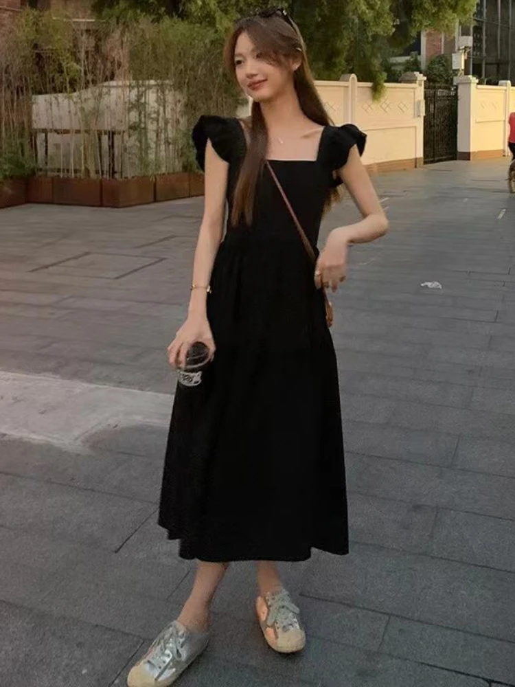 Black Square Collar Midi Dresses for Women Mori Girl Style Minimalist Chic Summer Fashion Flying Sleeve Temperament College Ins