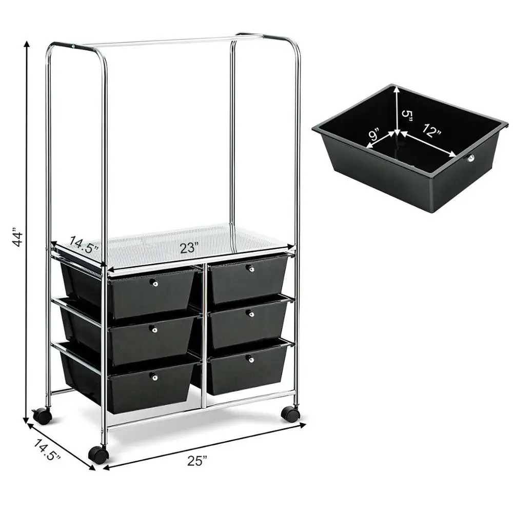 6 Drawer Rolling Storage Cart w/Hanging Bar Office School Organizer