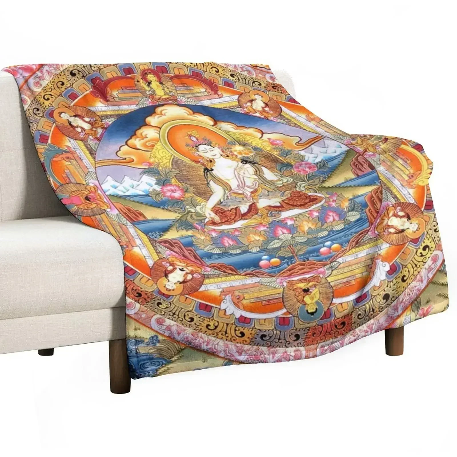 

White Tara Buddhist Mandala 60 Throw Blanket Fuzzy Plush Throw Blanket for Sofa Chair