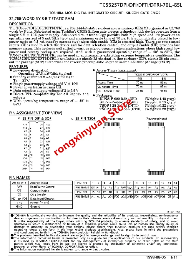 5 قطعة/الوحدة TC55257DTRI-70V TC55257DTRI TSSOP-28 32,768 كلمة x 8 بت ذاكرة الوصول العشوائي الثابت 100% جديد وأصلي