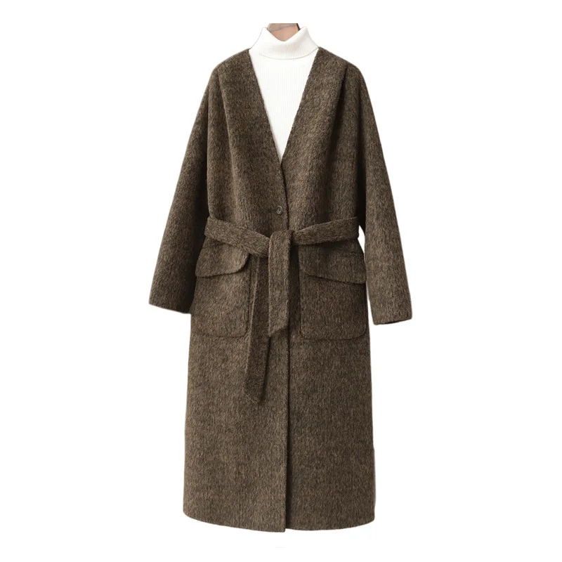 

Новинка весны 2023, 10% верблюжьего бархата, двустороннее пальто, повседневная длинная шерстяная куртка с v-образным вырезом для женщин